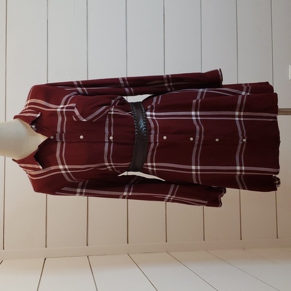 OLD NAVY large burgundy red and white plaid button down shirt midi dress - Picture 1 of 6